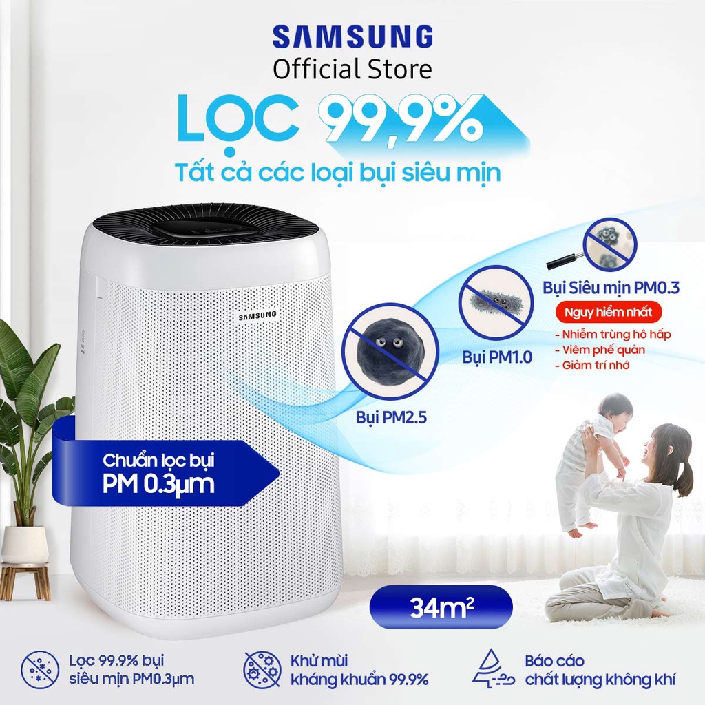 Máy lọc không khí Samsung 34m2 AX34R3020WW, lọc bụi mịn PM0.3, kháng khuẩn 99.9%