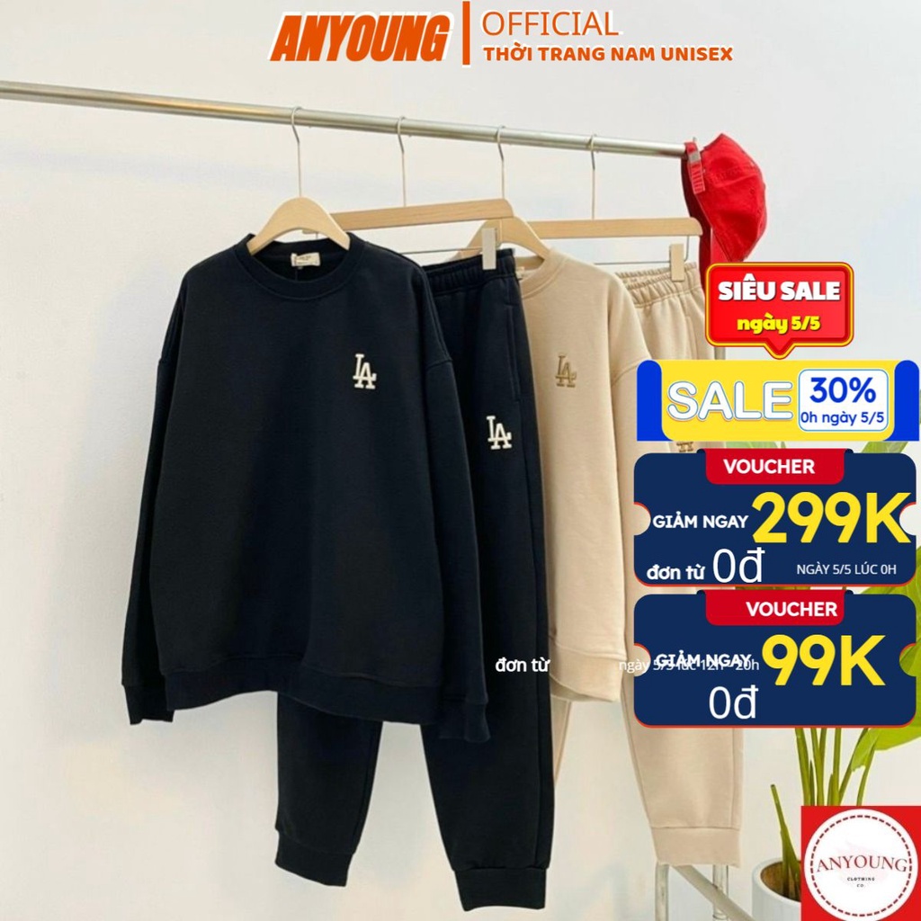 Bộ Nỉ nam nữ ANYOUNG Bộ quần áo thể thao thêu chữ LA chất nỉ da cá dày dặn trẻ trung năng động