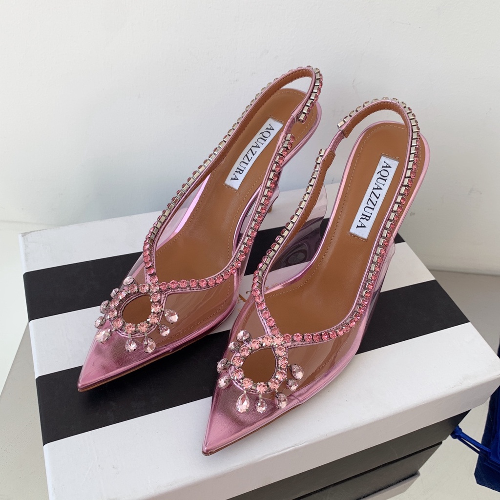 Giày cao gót nữ da thật thời trang cao cấp Aquazzura thiết kế đính viền đá sang trọng, thời thượng