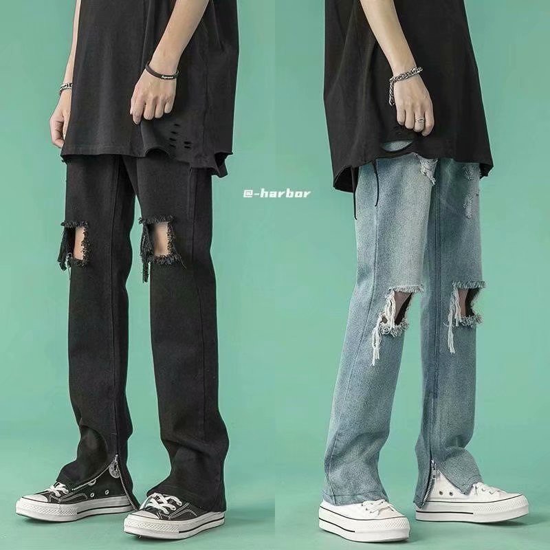 Quần jean dài phối kiểu rách thời trang năng động phong cách hip hop cho nam