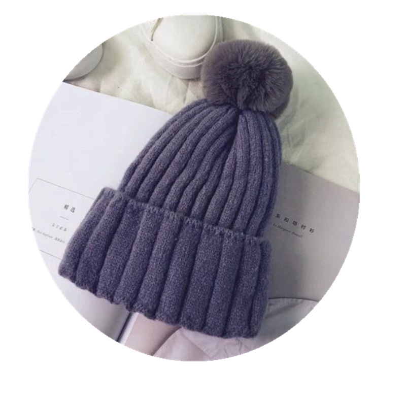 Simple, solid color woolen hat with rabbit ball, candy color, warm Japanese fashion style