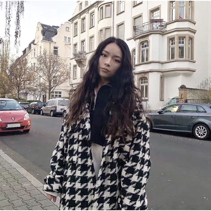 Áo khoác dạ sơmi hoạ tiết houndstooth răng cưa - Áo khoác dạ oversize chần bông (Ảnh thật ở cuối) | BigBuy360 - bigbuy360.vn