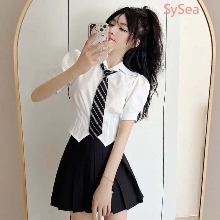 Set Áo Sơ Mi Thắt Cà Vạt + Chân Váy Xếp Ly Phong Cách Hàn Quốc Cho Nữ