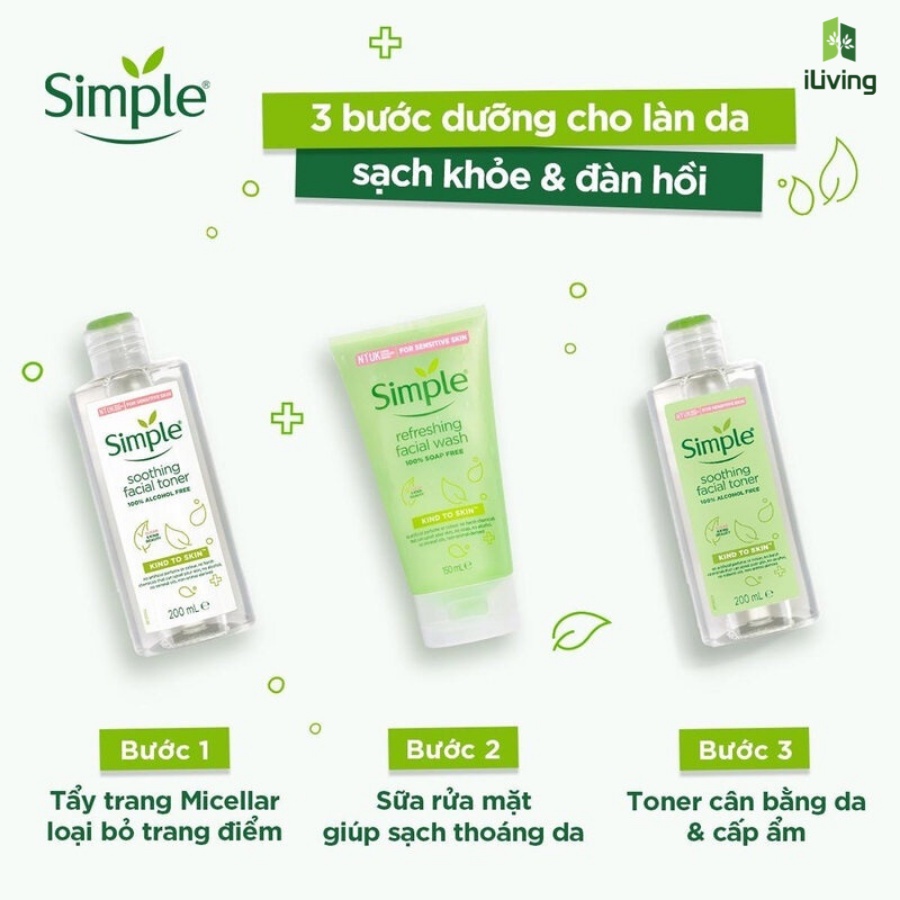 Bộ làm sạch, ngừa mụn cho da nhạy cảm Simple ( nước tẩy trang + nước hoa hồng + sữa rửa mặt ) ILVING-SIMCBNTTNHHSRM