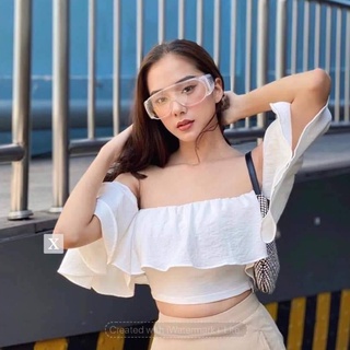 Áo croptop trễ vai bèo tay loe màu vàng, trắng MSA567