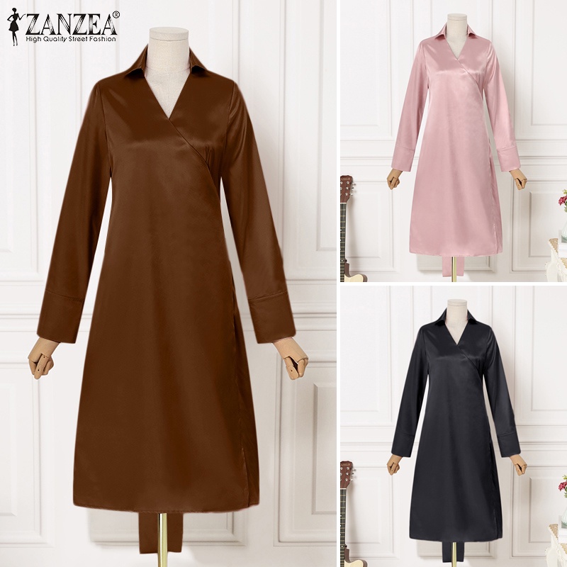 Zanzea Đầm Dài Tay Cổ Chữ V Phong Cách Châu Âu Thời Trang Cho Nữ