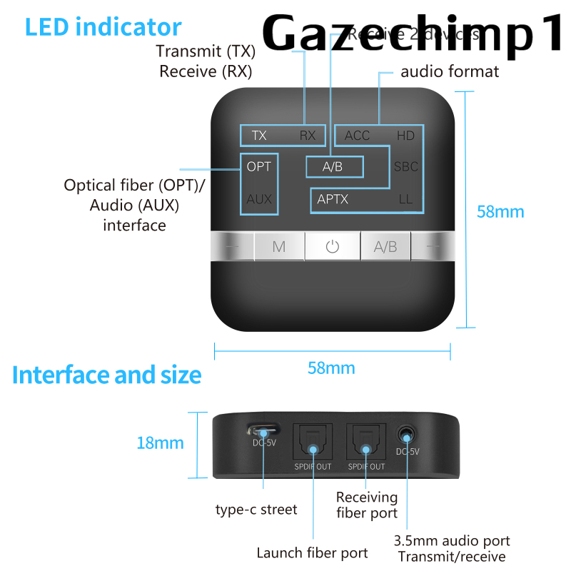 Bộ Chuyển Đổi Âm Thanh Gazechimp1 Kết Nối Bluetooth 5.0, Khoảng Cách 32ft