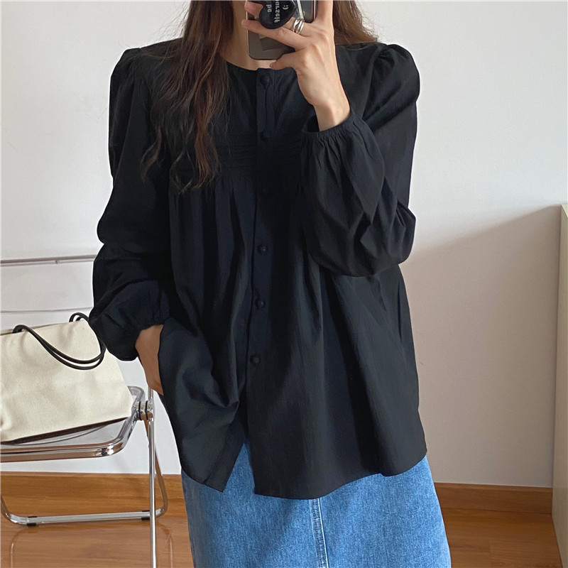 Áo Kiểu Tay Phồng Cổ Tròn Màu Trơn Đơn Giản Cho Nữ 37010