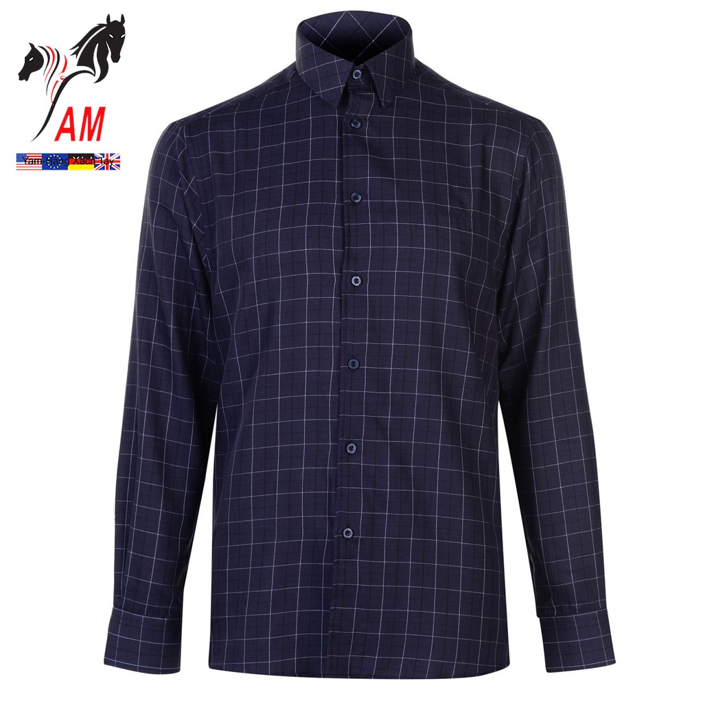 Áo Sơ Mi Nam Dài Tay Pierre Cardin Long Sleeve Shirt Mens Cao Cấp (Xanh Navy Sọc Caro - UK )