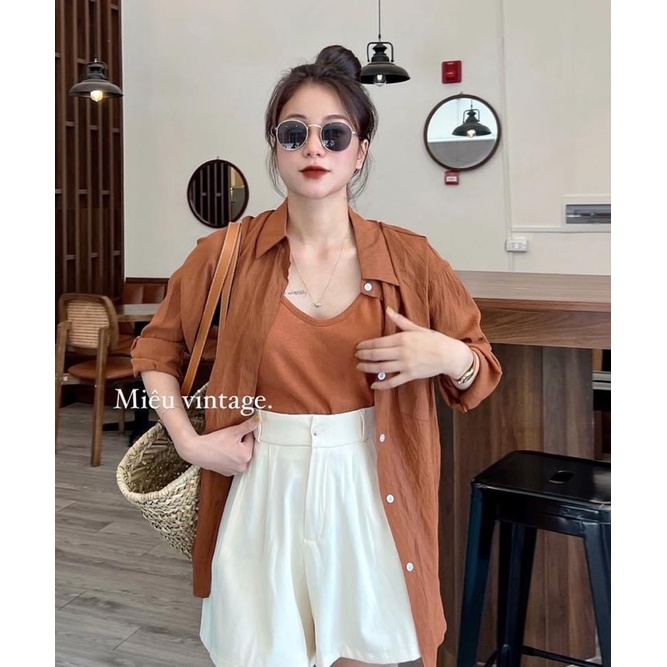 SET 3 MÓN : ÁO LÓT 2 DÂY NÂU + ÁO SƠ MI NÂU + QUẦN SHORT TRẮNG