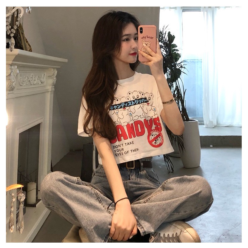 Áo Croptop form rộng nữ ulzzang Hàn Quốc in hình gấu Candy C27 - MaoMao