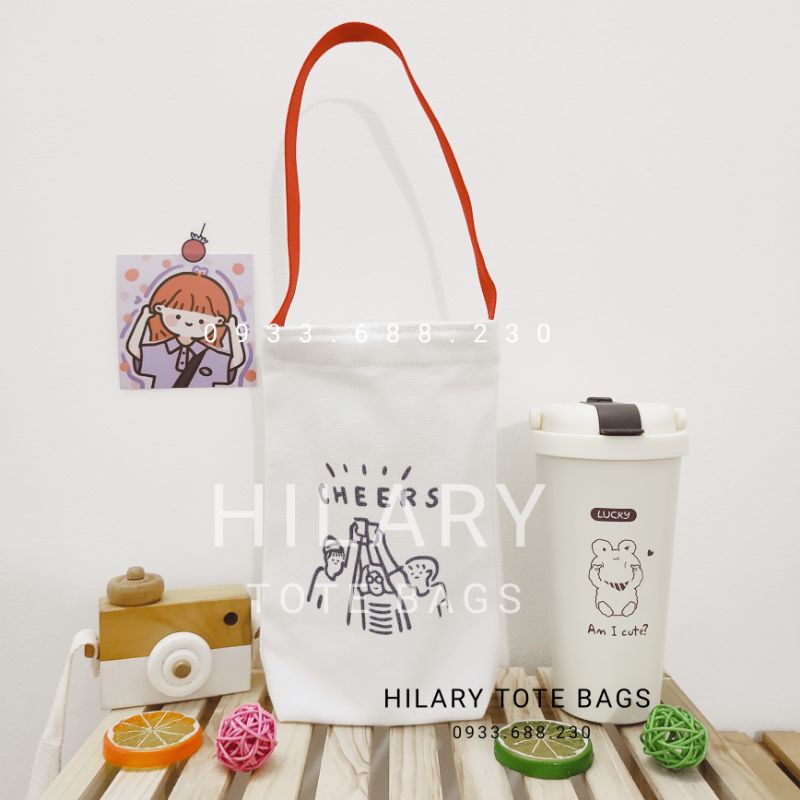 Túi Vải In Hình Cheer Cafe Bác Sĩ Đựng Ly Dưới 1 Lít Dây Đai