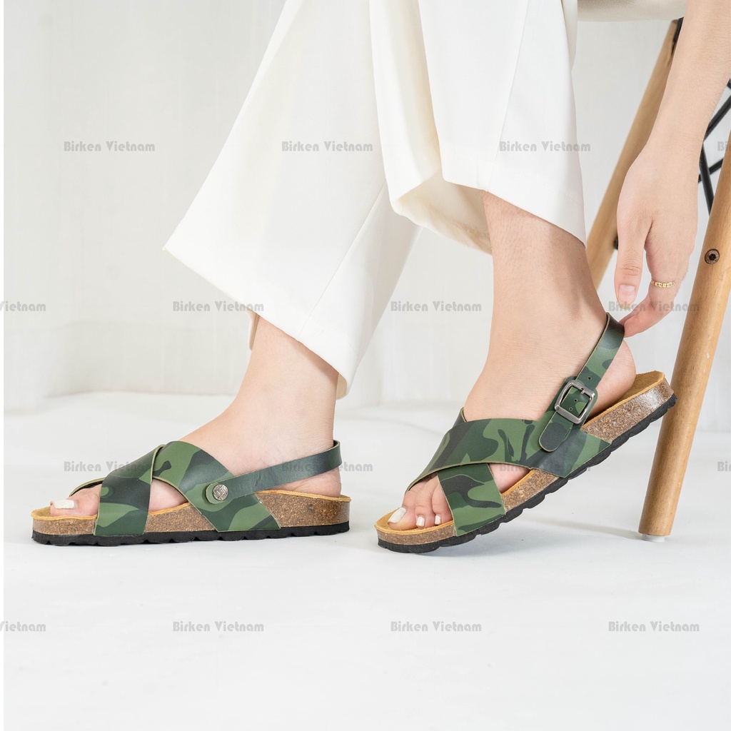 [ New Style ] Mã R11 Sandal ĐẾ TRẤU Da PU Camo Rằn Ri Quai Đan Chéo Unisex Birken Vietnam Bioline