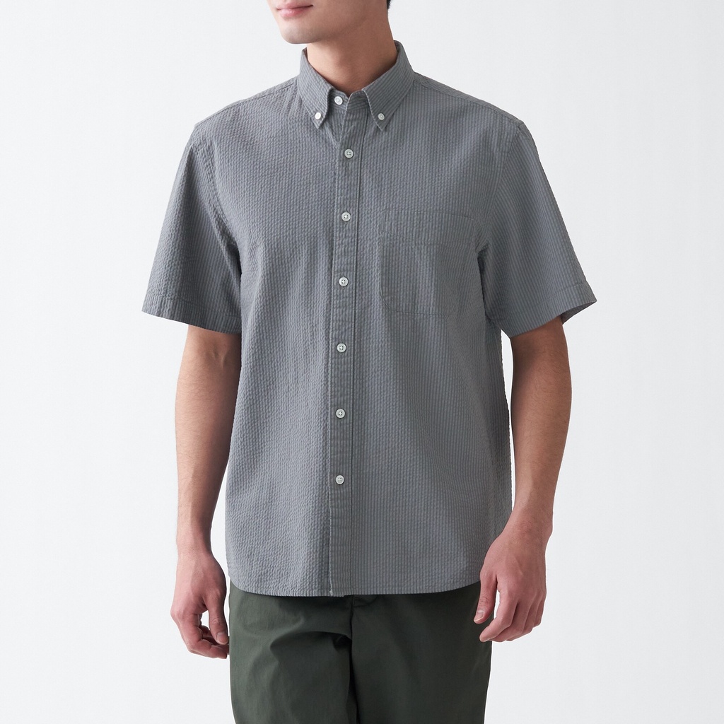 Muji Áo Sơ Mi Vải Seersucker Washed Cổ Cài Nút Ngắn Tay