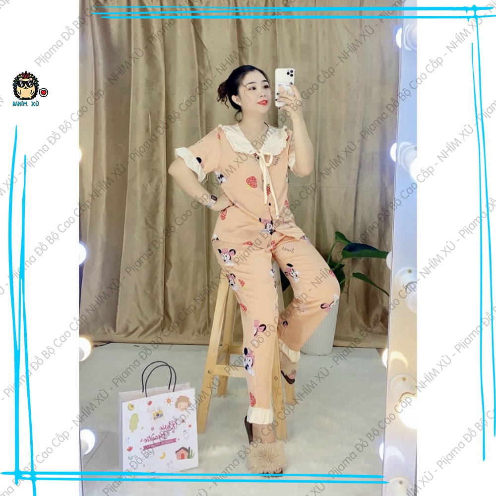 Đồ Bộ Ngủ Pijama Mặc Nhà Quần Dài Áo Tay Ngắn Cổ Bèo Tay Phồng Vải Satin Cao Cấp Mickey | BigBuy360 - bigbuy360.vn