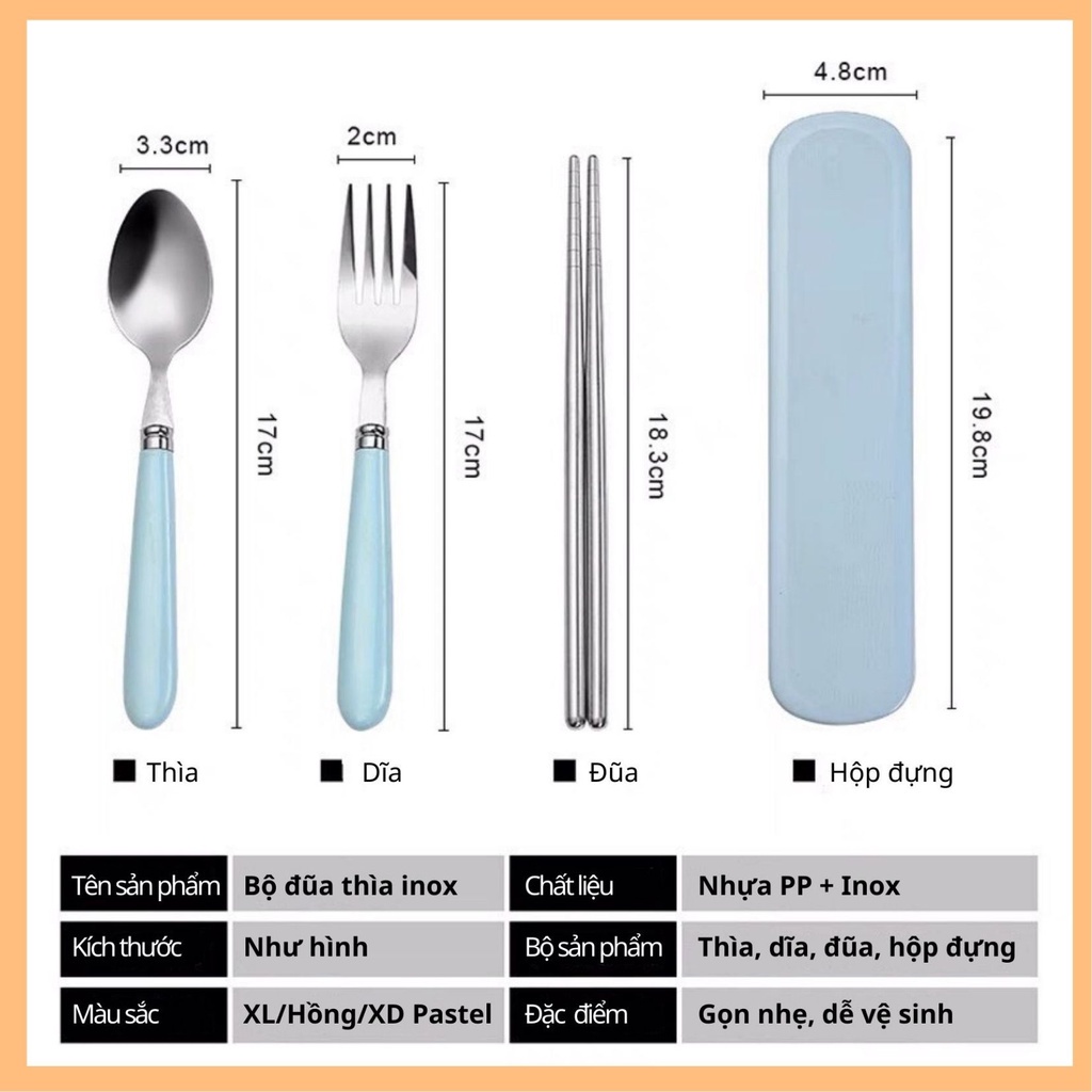 Bộ 3 MUỖNG ĐŨA NĨA INOX304 cá nhân có hộp đựng cao cấp- Hộp thìa dĩa văn phòng, du lịch tiện dụng, Màu Pastel!