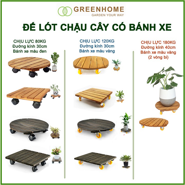 Đế lót chậu cây có bánh xe, hình tròn, màu đen, bằng gỗ, chịu lực 80kg, R30xC8cm |Greenhome