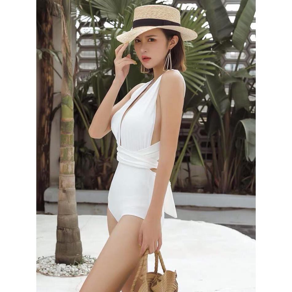 Bikini liền thân hai mảnh hở ngực, nơ dài buộc eo quyến rũ - Eva Shop  ྇