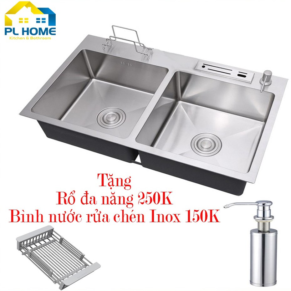 Chậu Rửa Chén Inox SUS 304 đúc 2 hộc kích thước 82x45 – Có chỗ treo thớt – Tặng Rổ Đựng Đa Năng