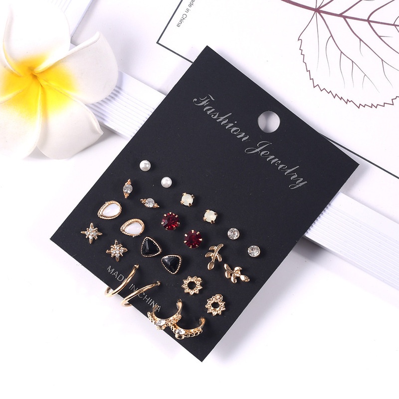Set 12 Đôi Khuyên Tai Kim Loại Đính Đá Đơn Giản Dành Cho Nữ