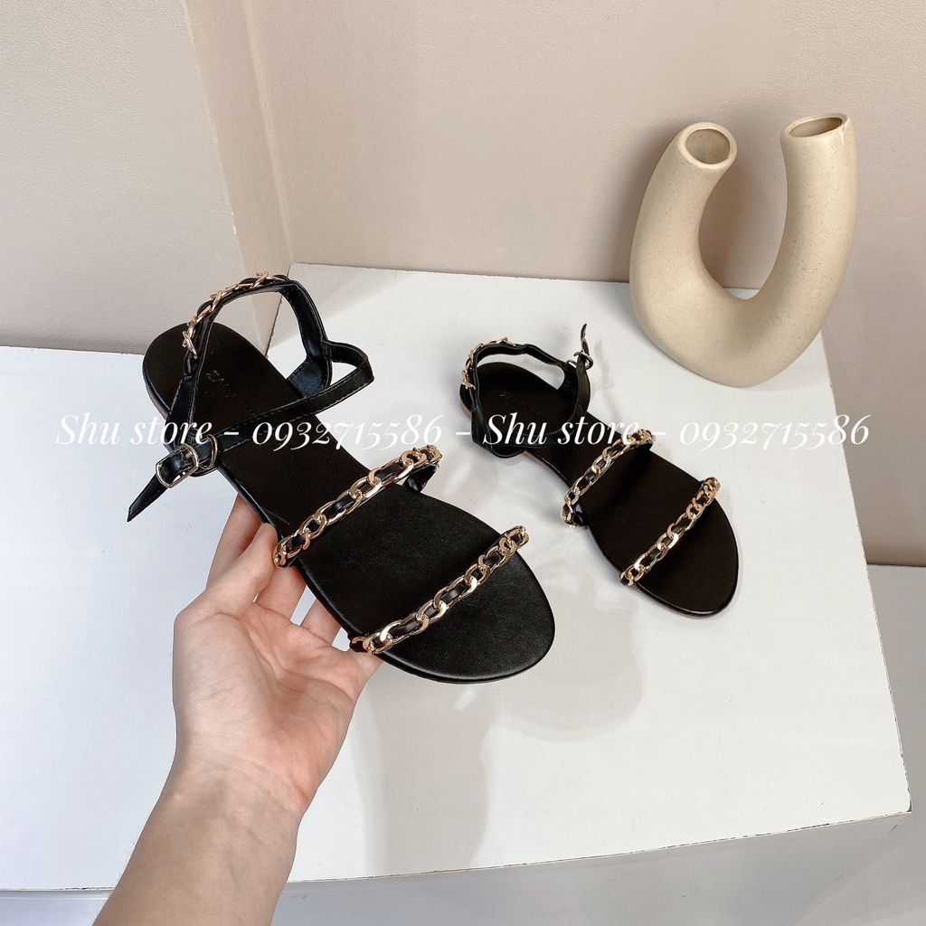 SANDAL NỮ THỜI TRANG SHU STORE - SANDAL MŨI TRÒN 2 QUAI ĐAN XÍCH VÀNG
