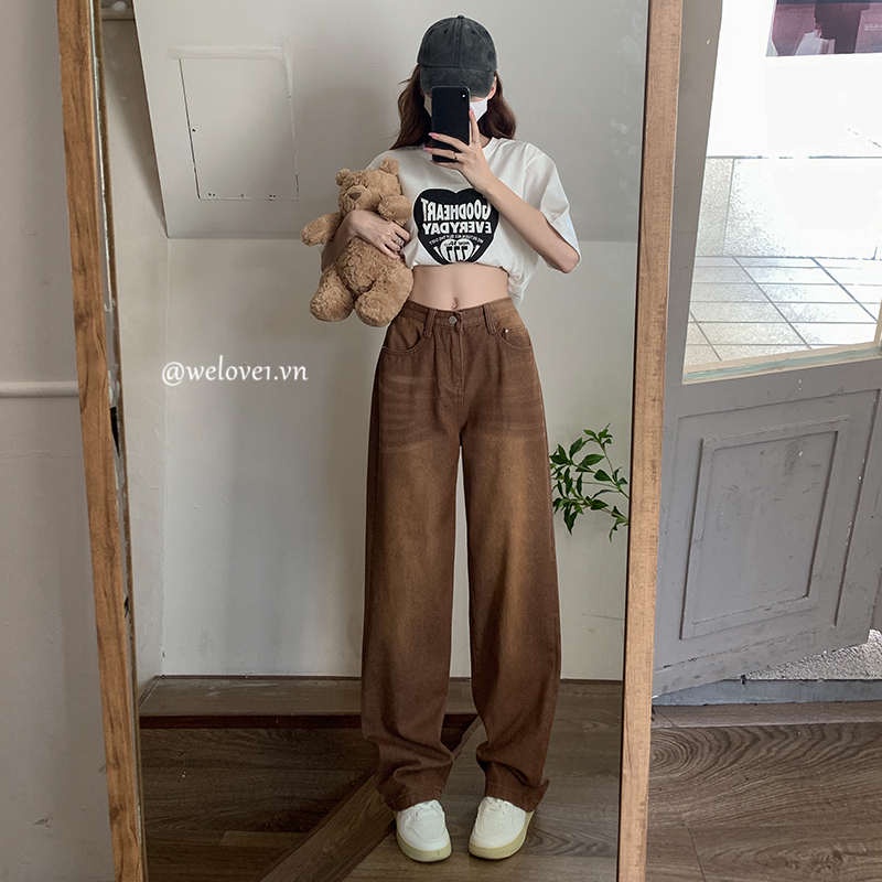 Quần Jeans Nữ Dài Lưng Cao Ống Rộng Thời Trang Hàn