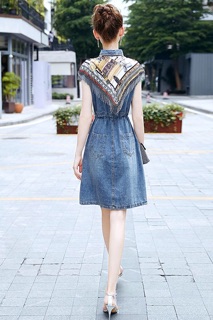 Đầm jean phối lụa eo rút dây cao cấp. Nhập QC