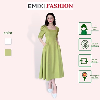 Váy cổ vuông 2 túi ly dọc EMIX , đầm dự tiệc, dáng dài, maxi, tay bồng, triết eo, form chữ A, chất trượt Hàn