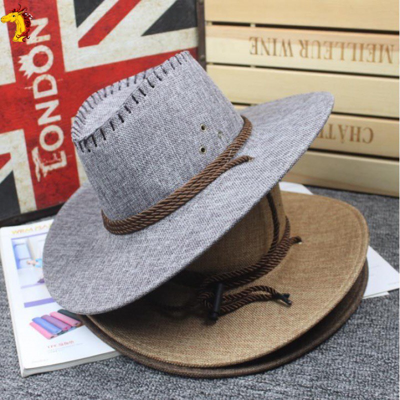 Mũ cao bồi miền tây làm từ cói mềm có dây đeo màu trơn mới