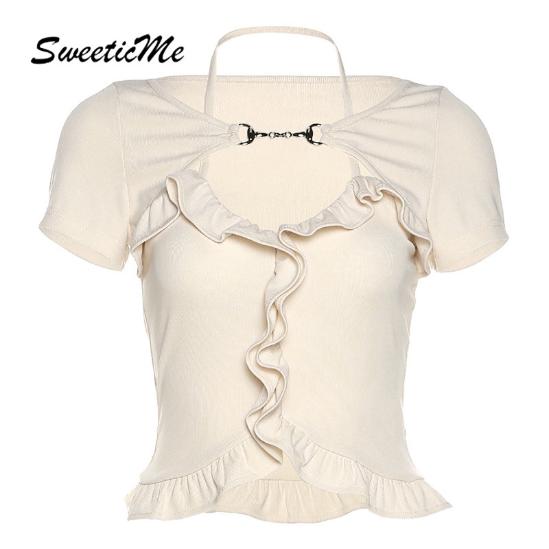 Áo Thun Croptop Mỏng Tay Ngắn Cổ Yếm Màu Trơn Phong Cách Đường Phố Thời Trang Cho Nữ