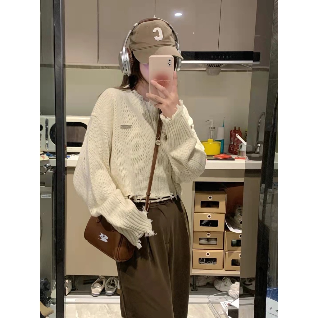 DUNEA Áo Croptop Dệt Kim Tay Dài Kiểu Retro Hàn Quốc Xinh Xắn Cho Nữ