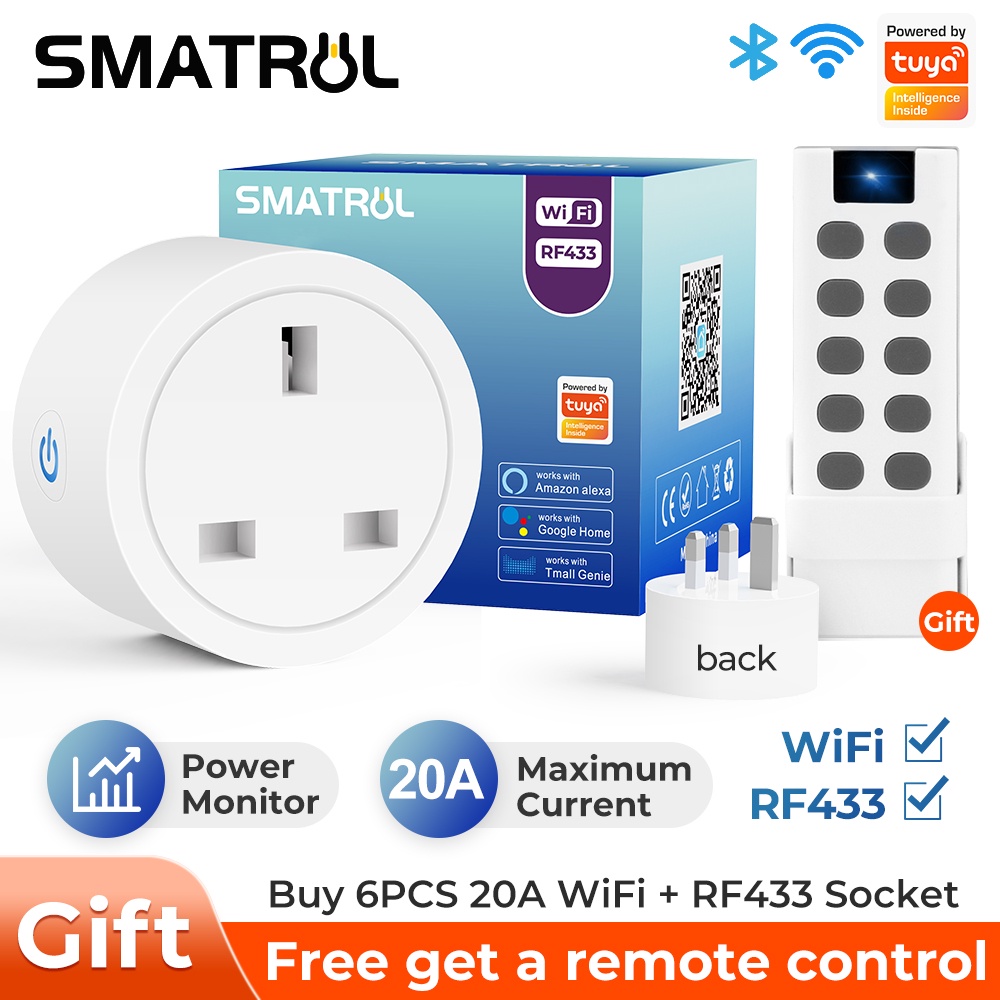 Ổ cắm điện SMATRUL 20A 4400W Tuya wifi phích cắm UK thông minh điều khiển giọng nói không dây cho Google Home Alexa