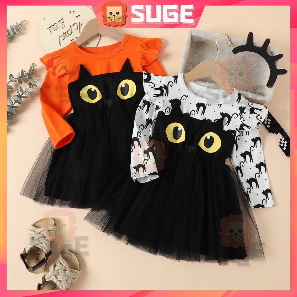 【Suge】Đầm Lưới Tay Dài In Hình Mèo Hoạt Hình Hóa Trang Halloween Cho Bé Gái 1-6 Tuổi