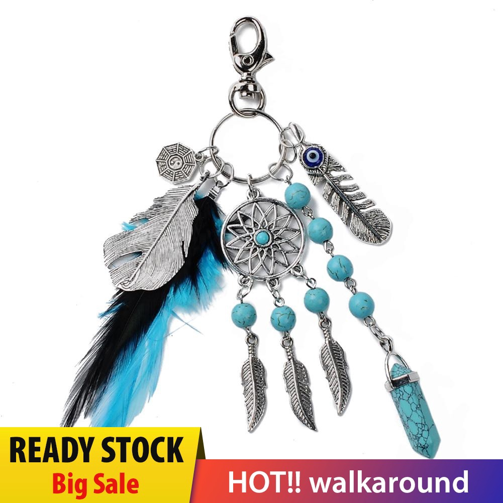 Móc khóa hình vòng bắt giấc mơ đính đá tự nhiên phong cách Boho