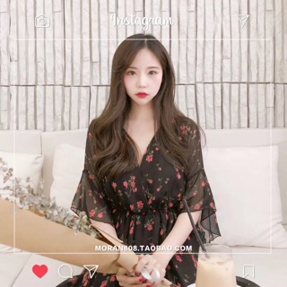 (Sẵn trắng S) Váy hoa nhí cổ V đen