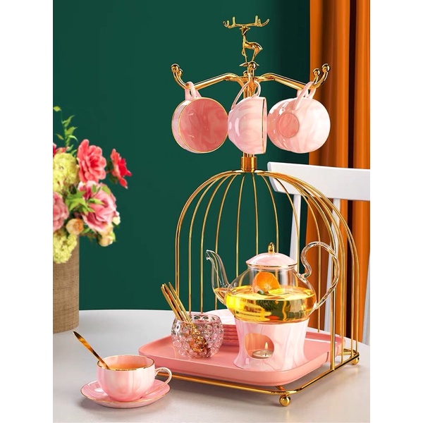Bộ ấm trà sứ xương kèm lồng treo mạ vàng sang trọng