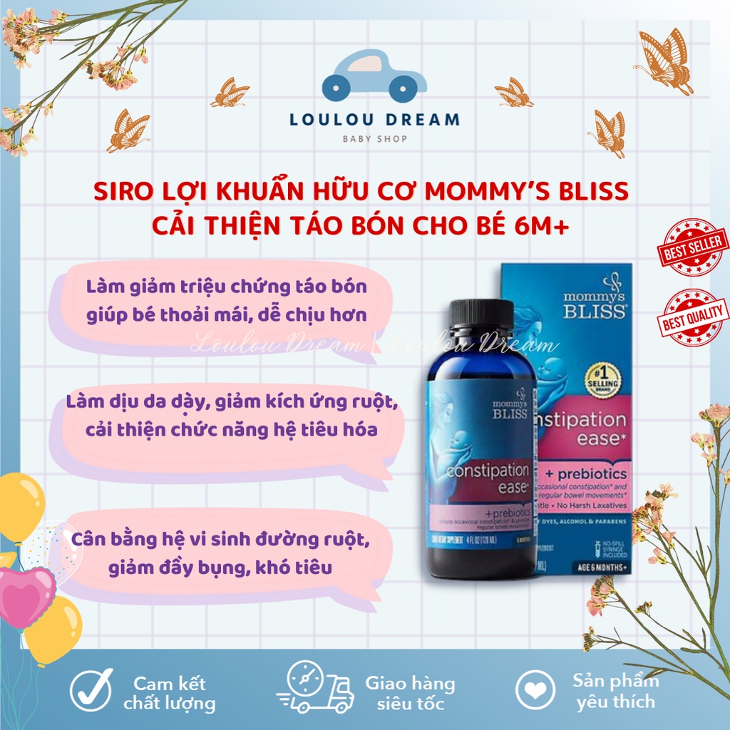 Siro ngừa táo bón Mommy Bliss hữu cơ Constipation Ease chứa chất xơ tự nhiên cho bé 6m+