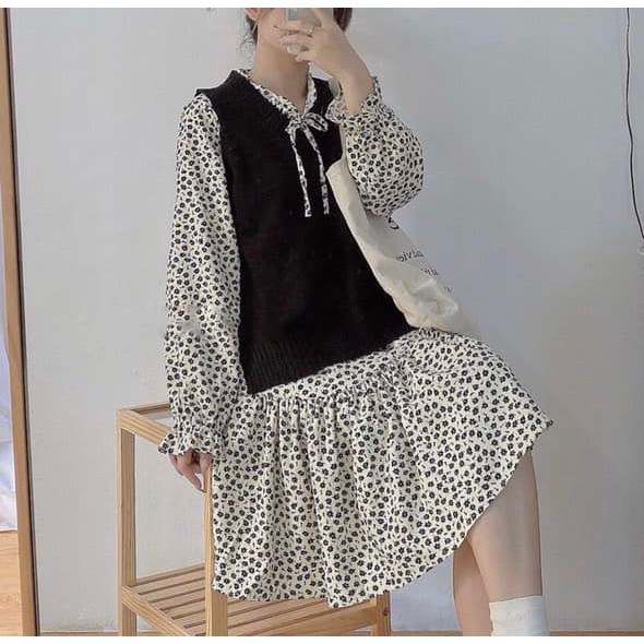 Sét Đầm Nữ Vintage, Váy Đầm Babydoll Chấm Bi Nơ Ngực Tay Bồng Dáng Suông Kèm Gile Ngoài Phong Cách Hàn Quốc. | BigBuy360 - bigbuy360.vn