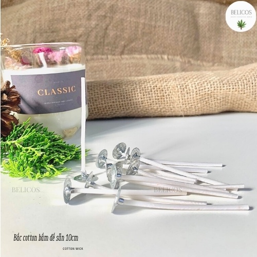 Bấc Nến Cotton Phủ Sáp kẹp đế sắt tròn sẵn 10cm