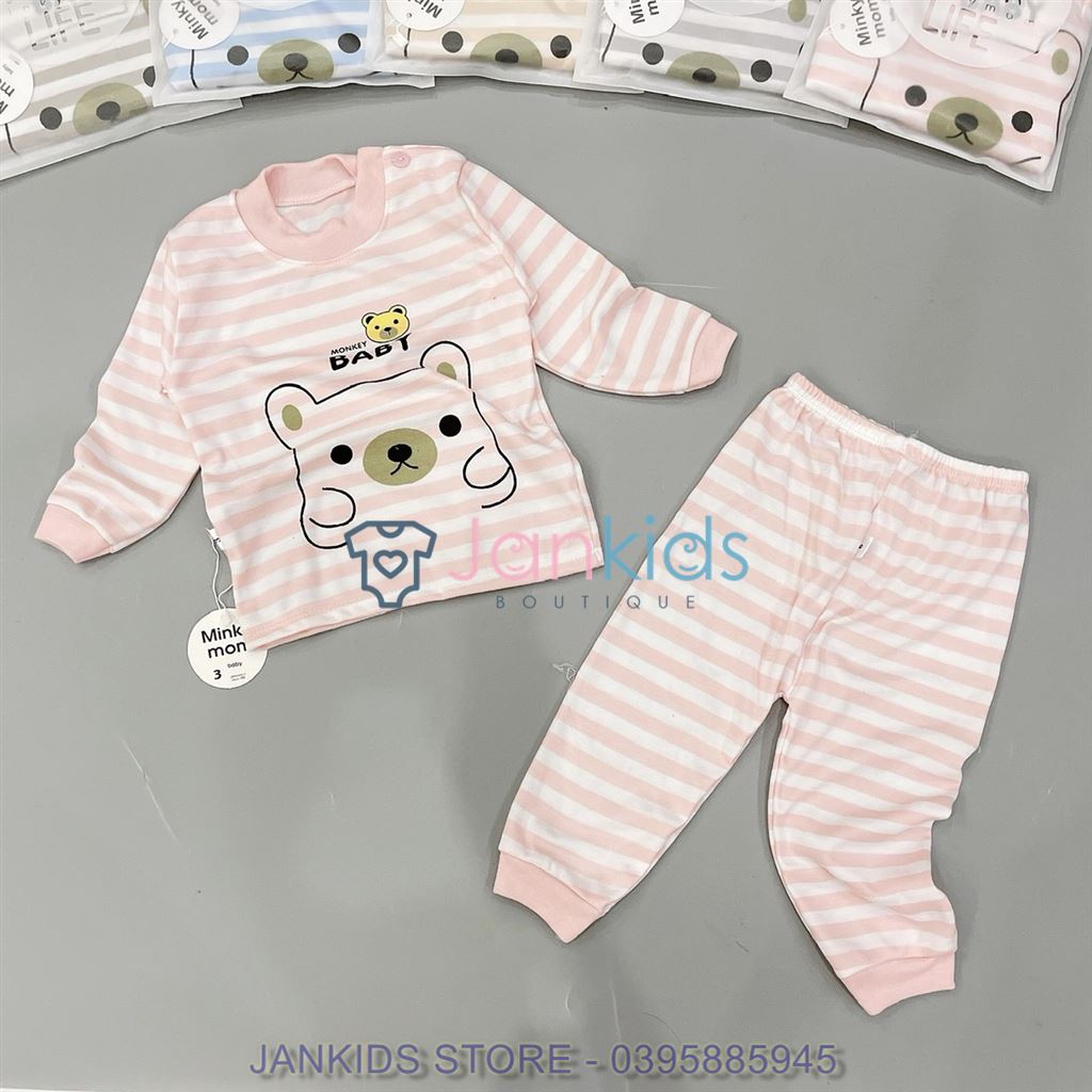 Bộ quần áo dài tay thu đông chất nỉ hình gấu kẻ có bo ống cho bé / Bộ nỉ kẻ cho bé trai, bé gái 5-15kg