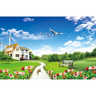 Tranh dán tường 3D phong cảnh ngôi nhà - con đường -vải lụa kim tuyến
