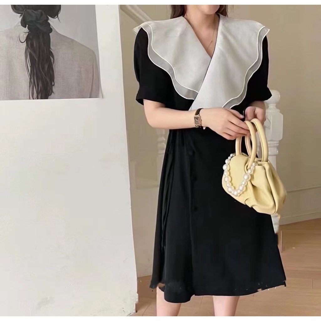 Đầm Phối Màu Đắp Vạt Thắt Dây Eo - BLD22236