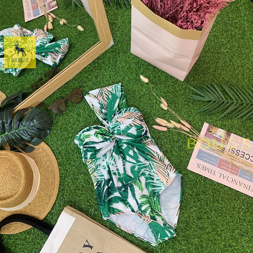 Bikini 1 mảnh - Bikini họa tiết lá lệch vai phong cách Hàn Quốc (Ảnh thật) | BigBuy360 - bigbuy360.vn