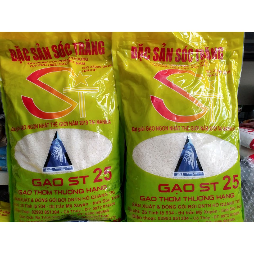 Gạo ST25 đóng gói 5kg của DNTN Hồ Quang Trí nhà bác Cua thượng hạng đây ạ- hàng chính hãng- bao bì mới, date 4/2022