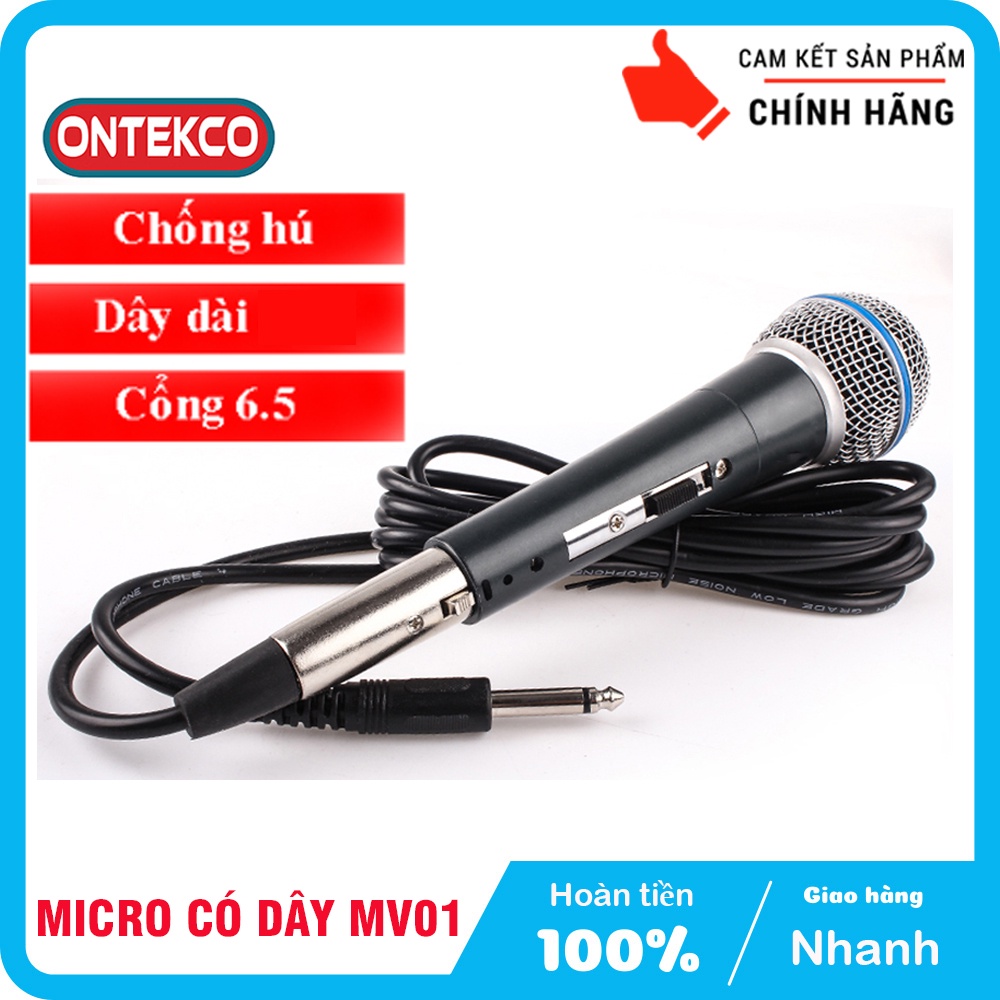 Micro hát karaoke Ontekco MV01 dây dài 5m chống nhiễu tay cầm thép không gỉ
