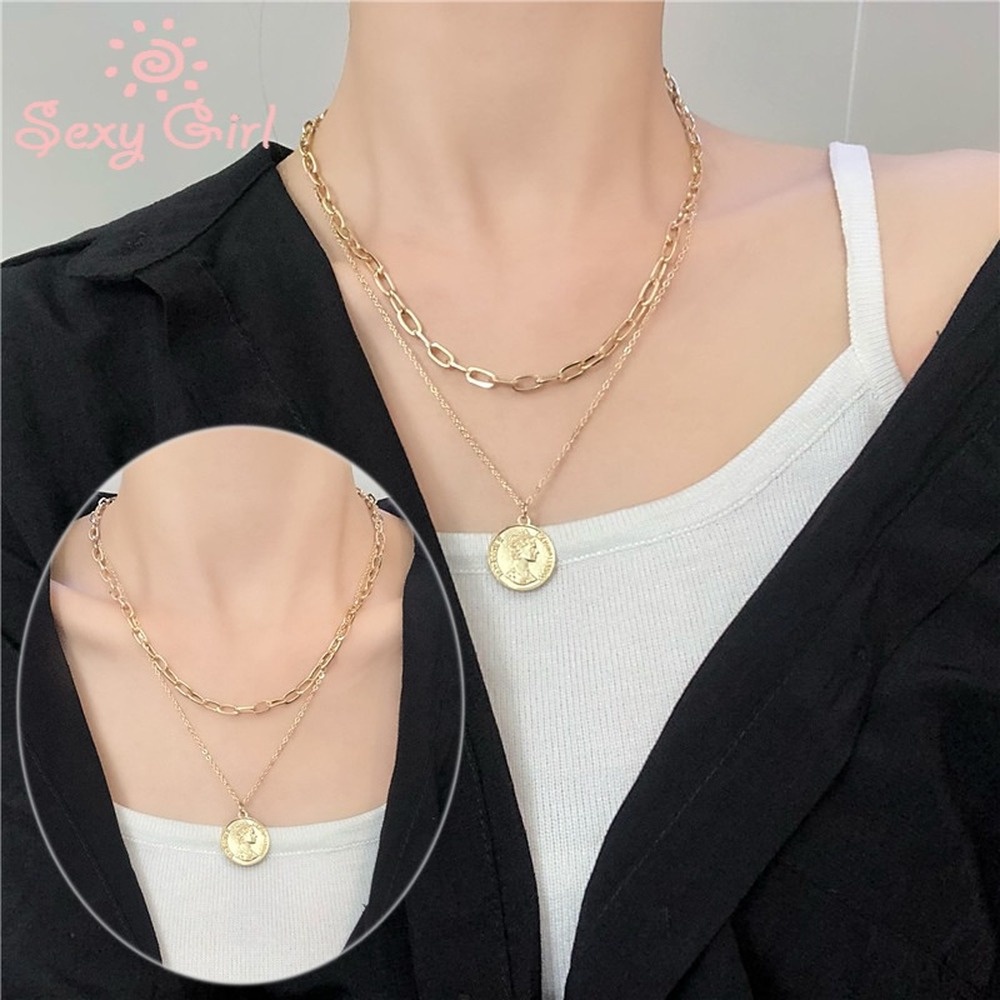 Vòng cổ Dài Hai Lớp Đính Đồng Xu Phong Cách Hip Hop Cá Tính Cho Nữ