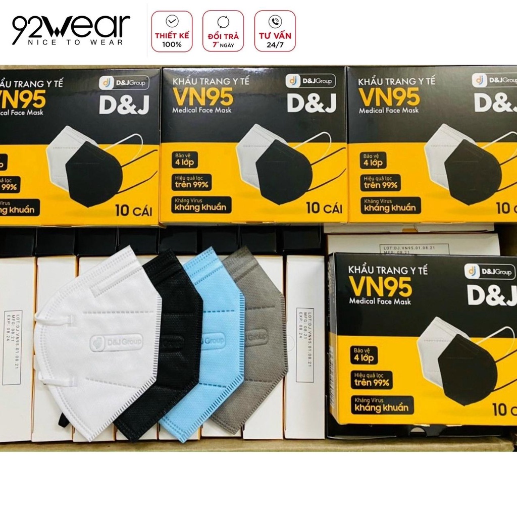 Hộp 10 chiếc khẩu trang y tế VN95 92WEAR x D&amp;J, bảo vệ 4 lớp, kháng khuẩn, hiệu quả lọc trên 99% KTA0003