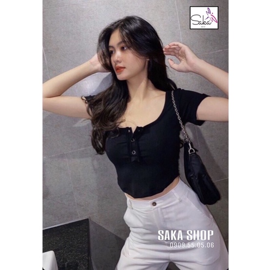 Áo croptop nữ tay ngắn nút sắt vạt bầu trơn màu