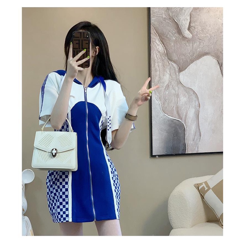 Casual fashion dress 2022 new women's summer casual fashion blue checkerboard dress