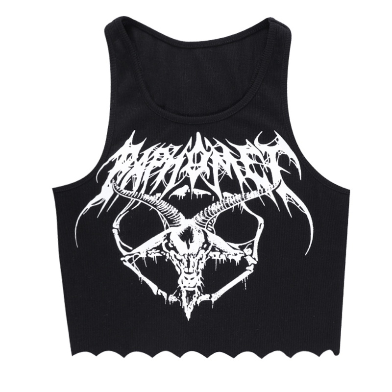 Áo croptop dệt kim không tay màu đen dáng ôm in hình con dê phong cách Gothic Punk Harajuku cho nữ